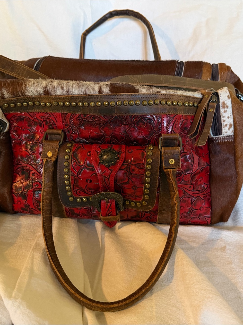 Red Tooled Leather Satchel with Brown Trim